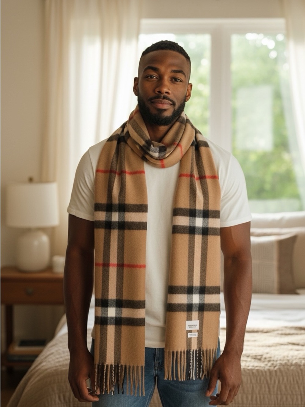 Burberry Camel Plaid Wool Scarf with Black & Red Checks - Picture 4 of 7